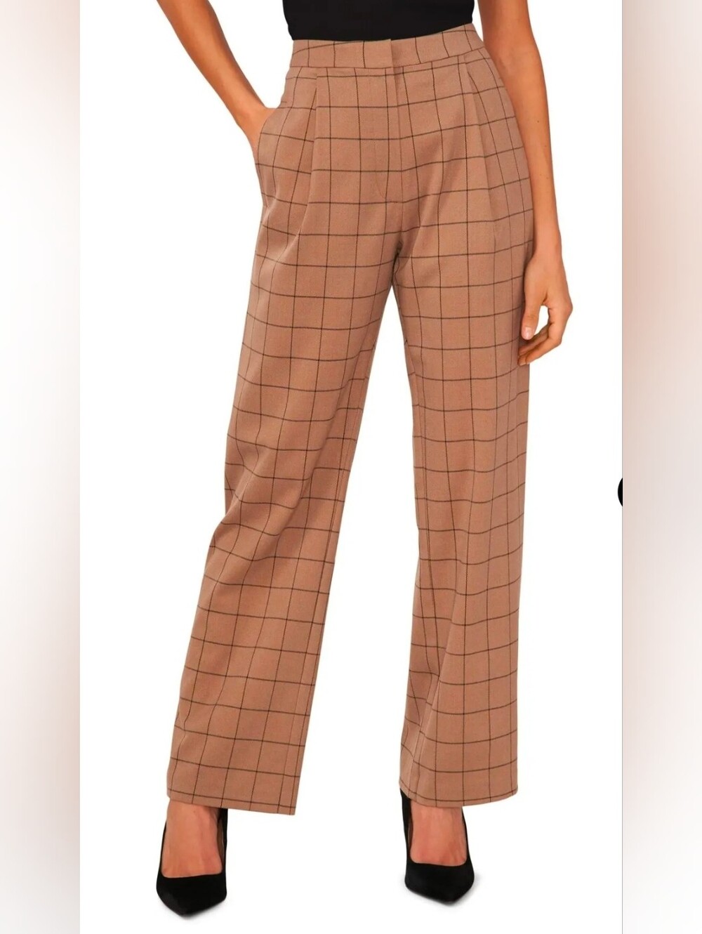 Halogen Windowpane Plaid Wide Leg Trousers - Camel 22w